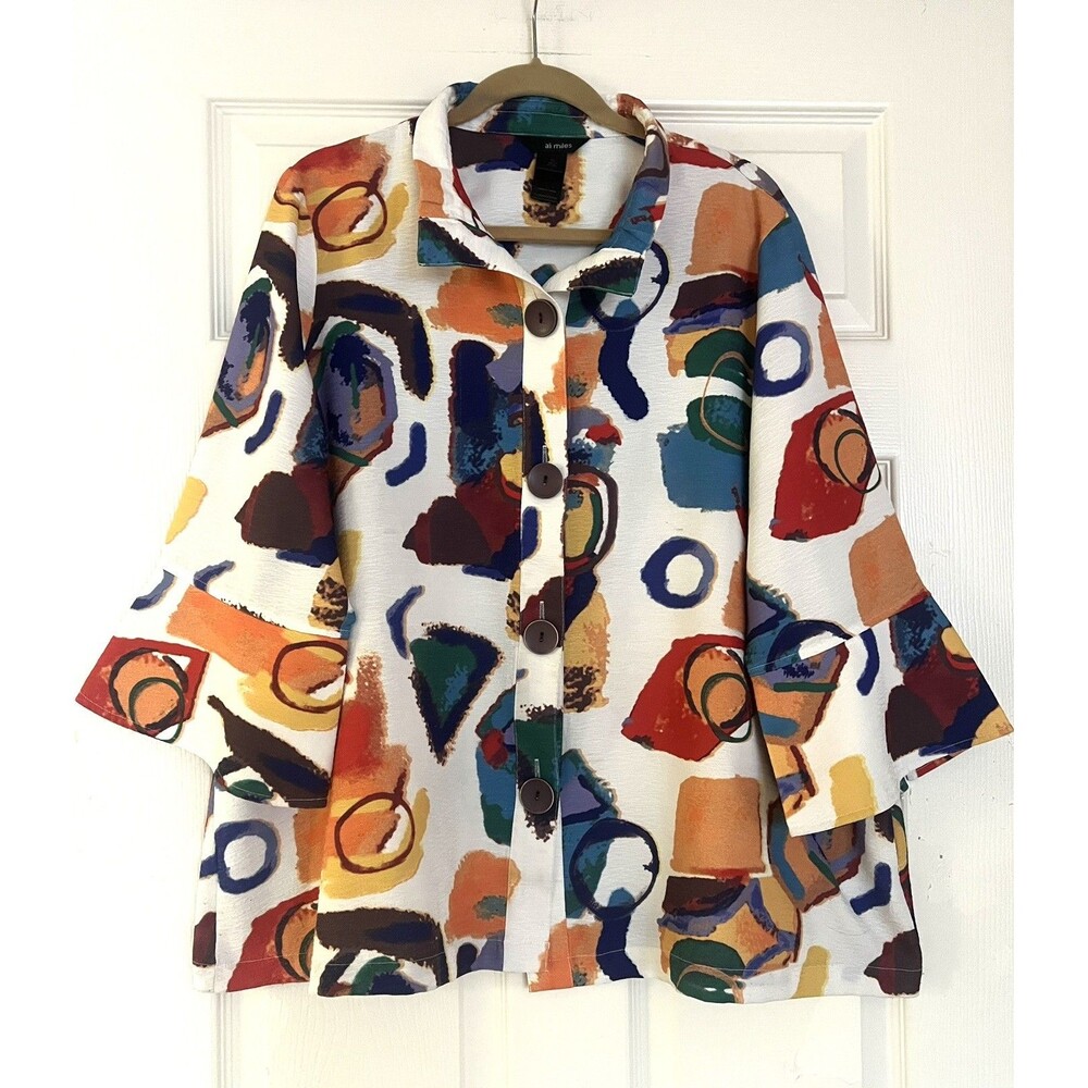 ALI MILES Art To Wear Abstract Blouse Sz 1X Bell Sleeve Retro Eclectic Tunic Top